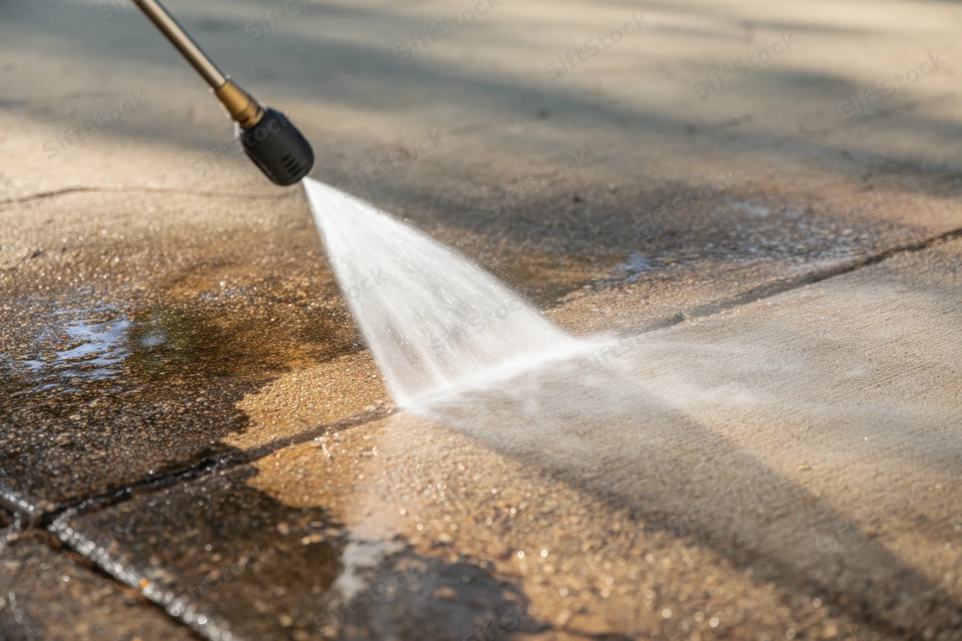 Pressure washer nozzle spraying water onto concrete pavement outdoors