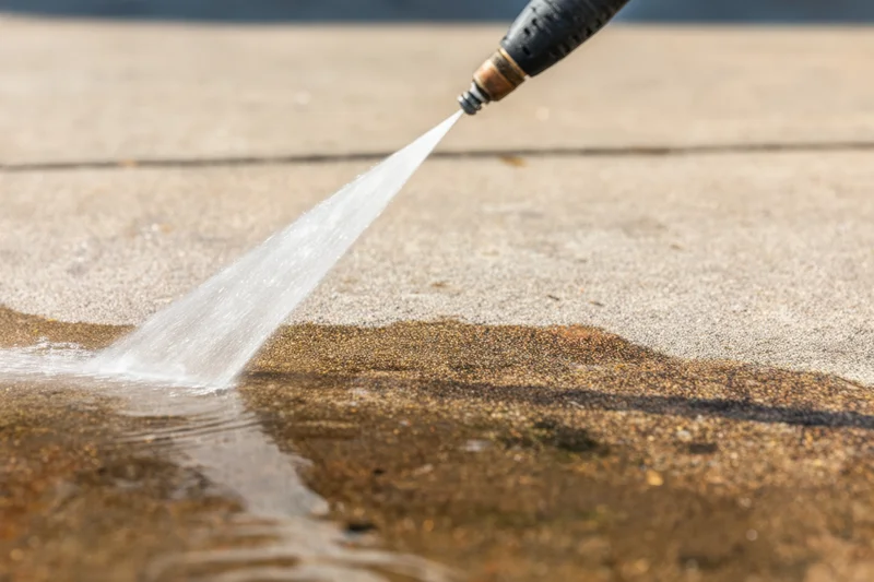 Pressure washer nozzle spraying water onto concrete pavement for cleaning