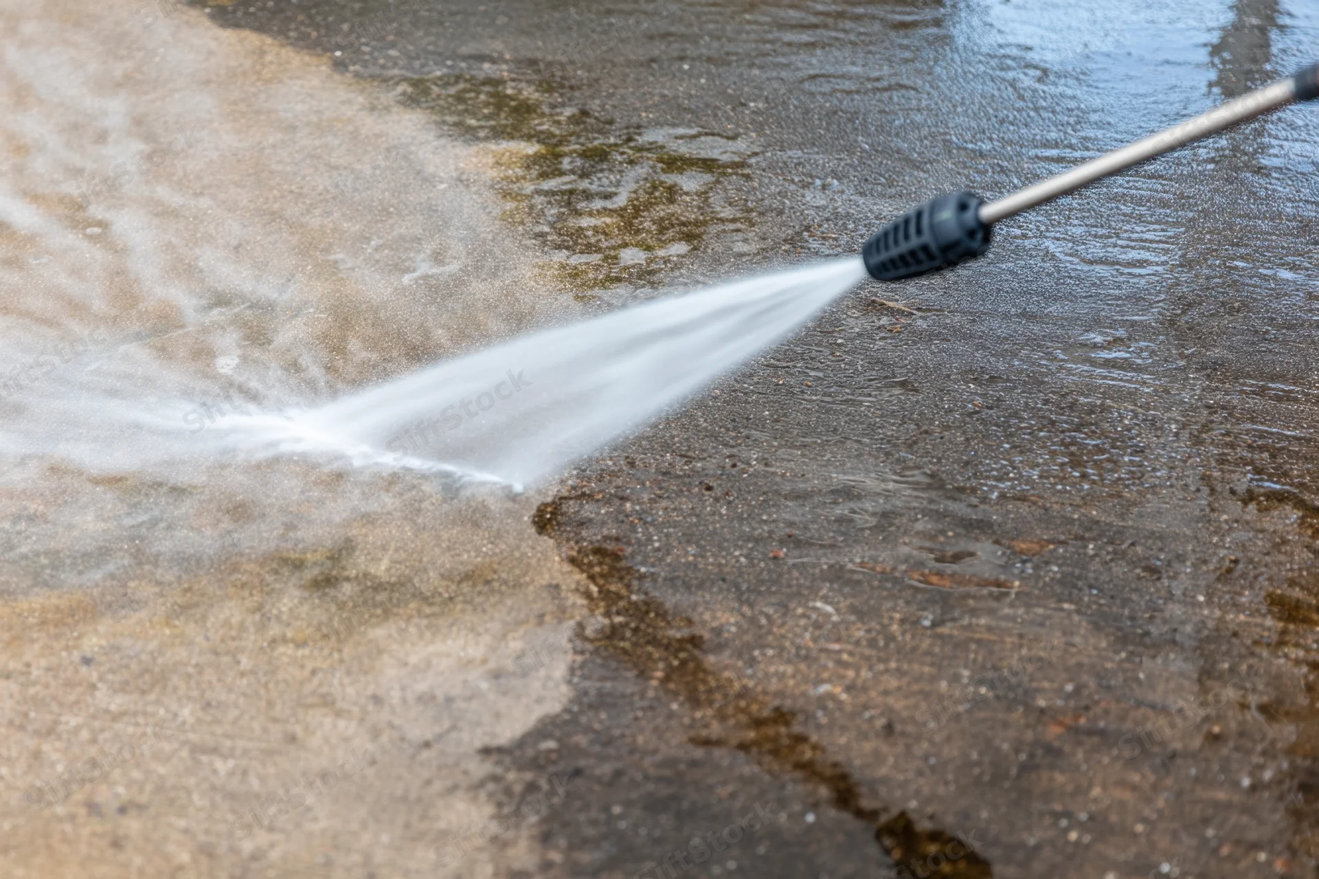 Pressure washer nozzle spraying water onto a concrete surface for cleaning