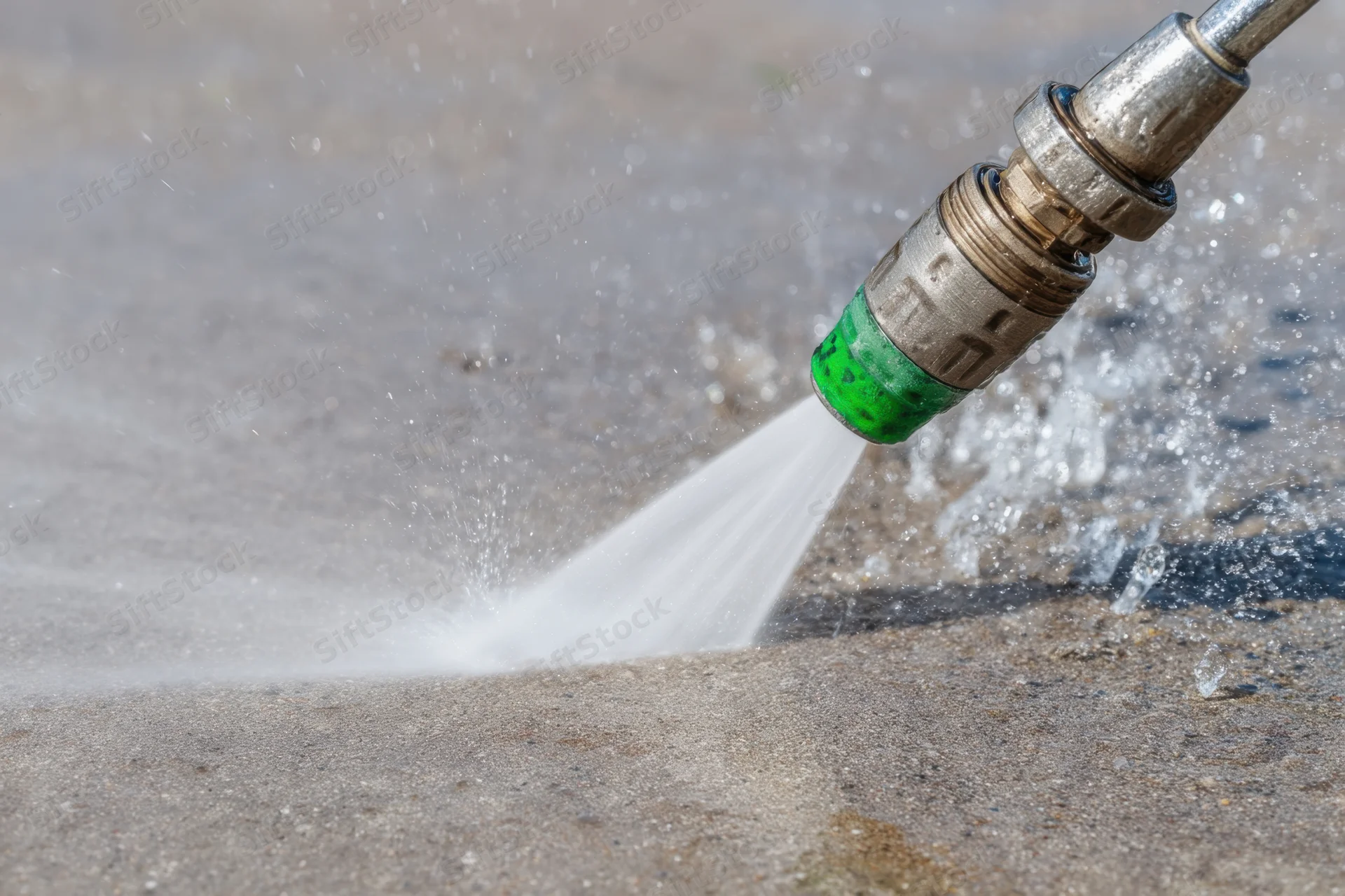 Pressure washer nozzle spraying water onto concrete surface