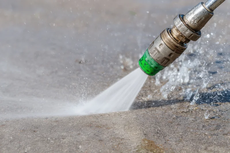 Pressure washer nozzle spraying water onto concrete surface