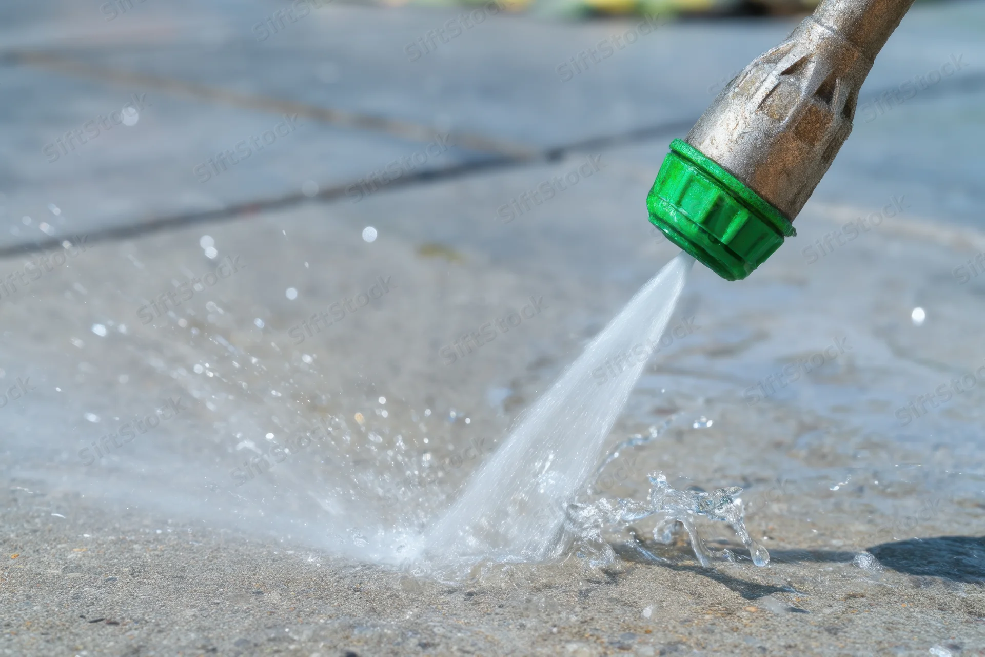 Pressure washer nozzle spraying water onto concrete patio surface