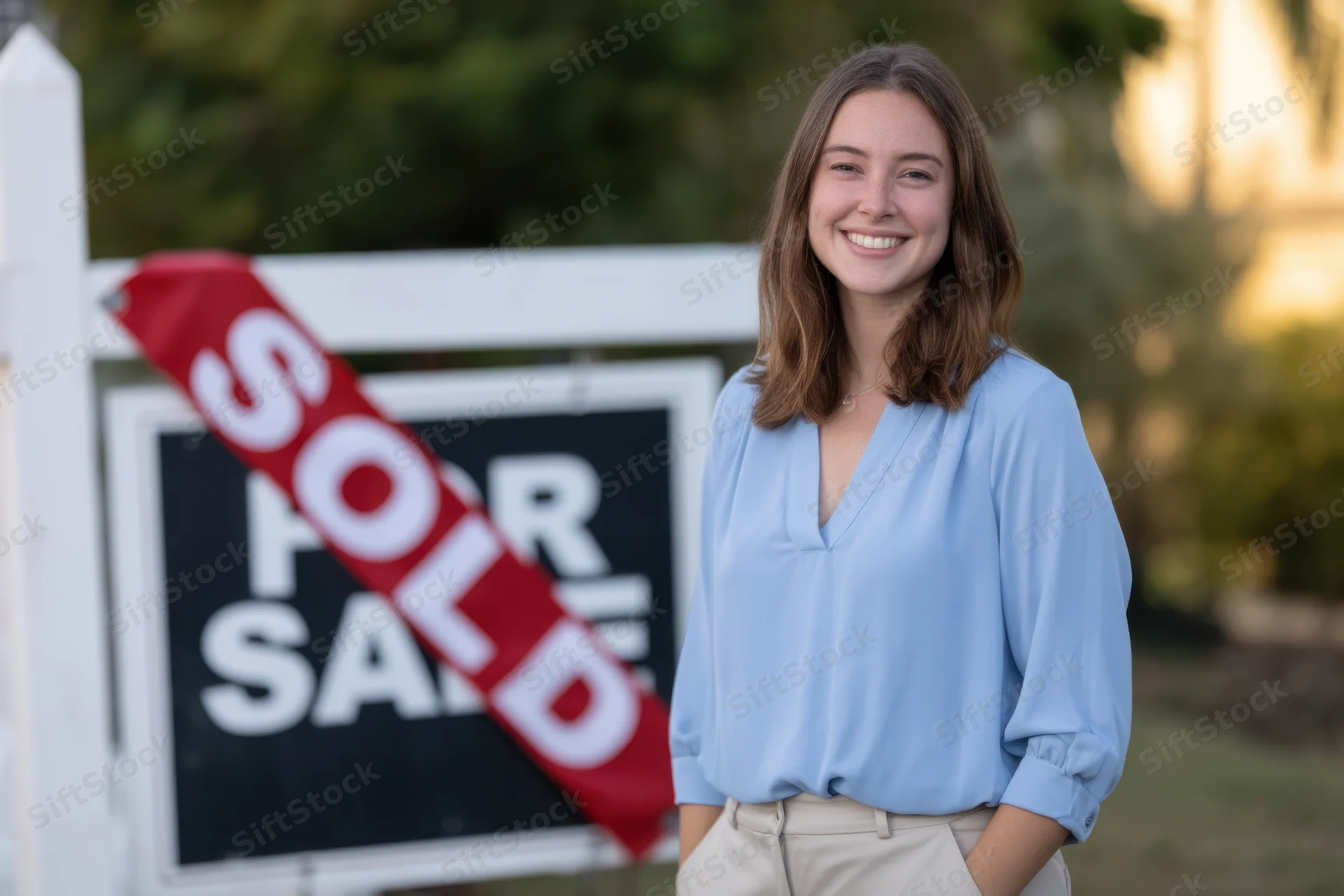 Young woman realtor smiling in front of sold sign in suburban yard