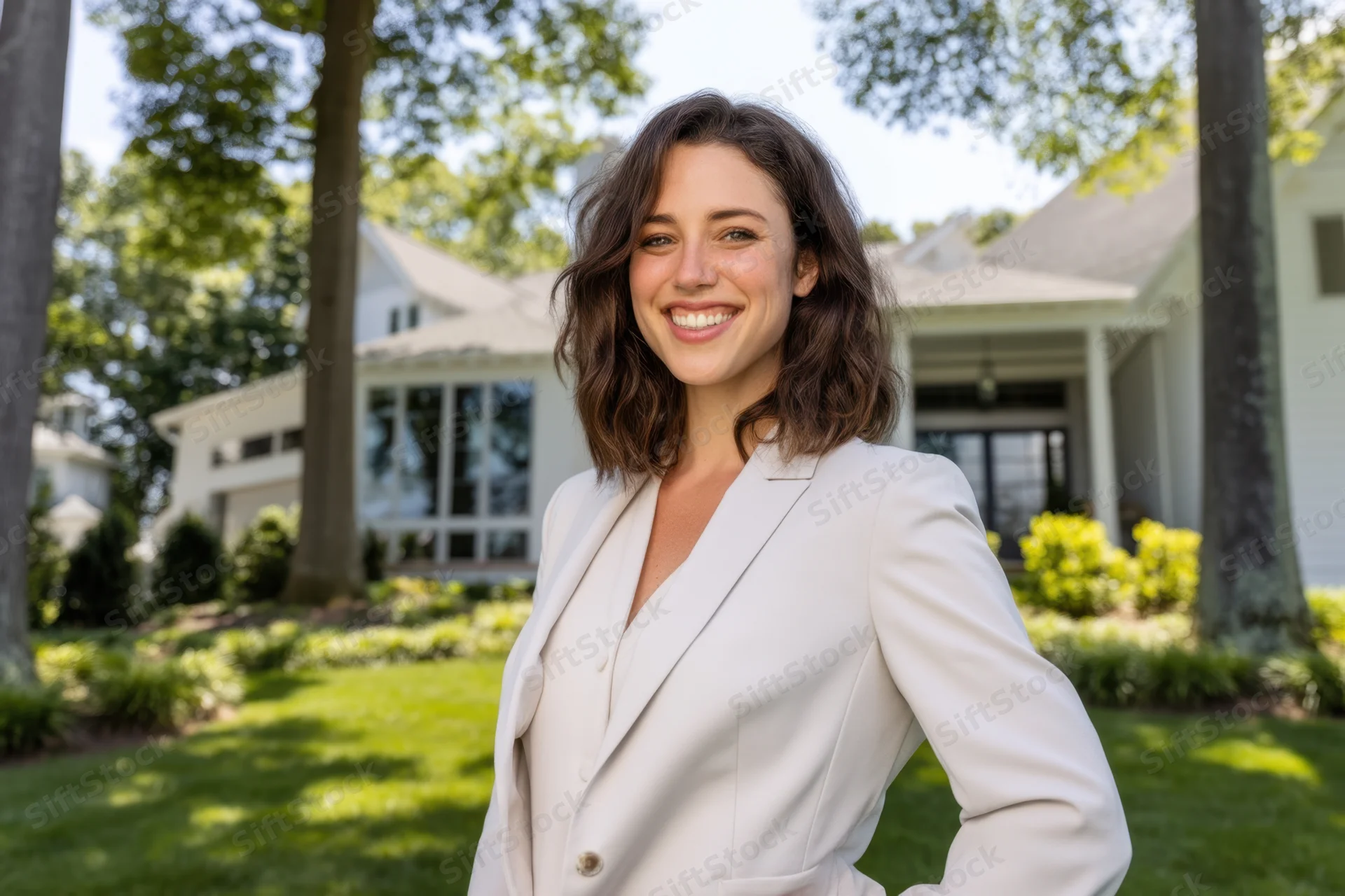 Professional woman smiling confidently in front of a suburban house with green lawn and trees