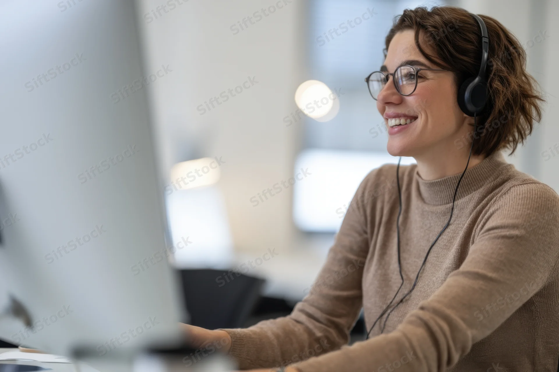 Woman wearing glasses and headset smiling while working on computer in office