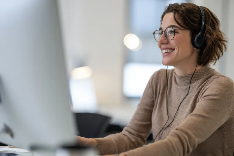 Woman wearing glasses and headset smiling while working on computer in office