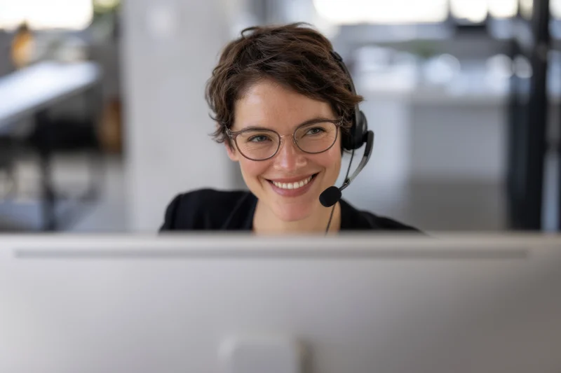 Woman with short brown hair wearing glasses and headset smiling at computer in office