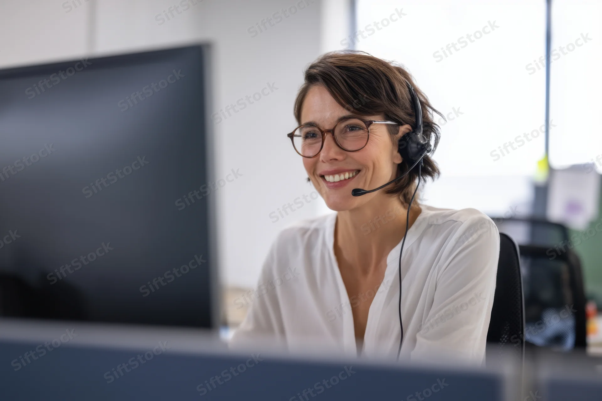 Woman wearing headset and glasses smiling at computer in office