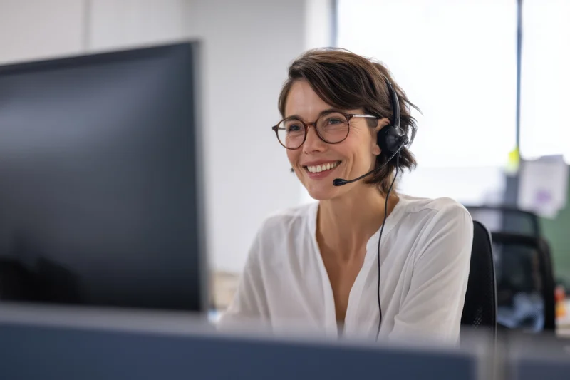 Woman wearing headset and glasses smiling at computer in office