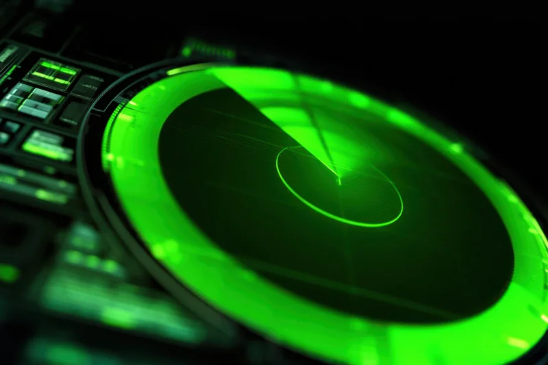 Green circular radar display with sweeping beam on dark electronic console