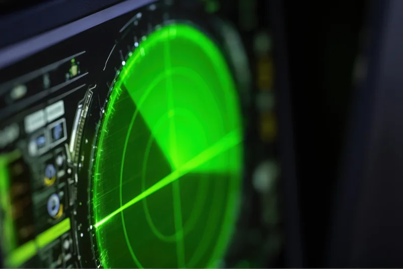 Green circular radar display on a dark control panel showing target detection