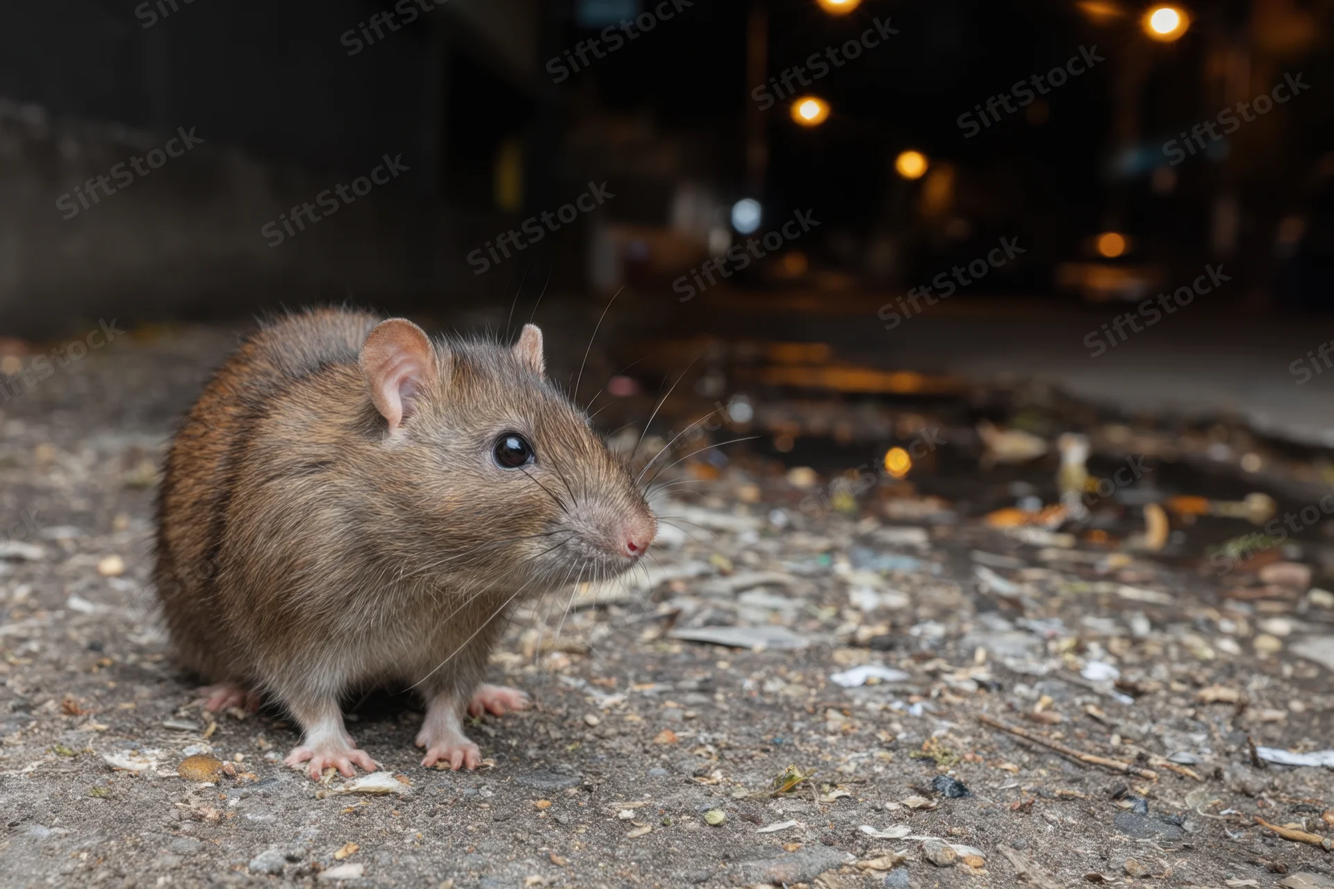 Rat standing on pavement at night near scattered garbage in urban setting