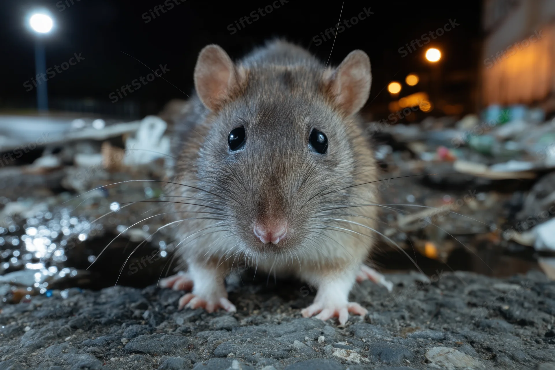 Rat standing on wet pavement at night near garbage in urban setting