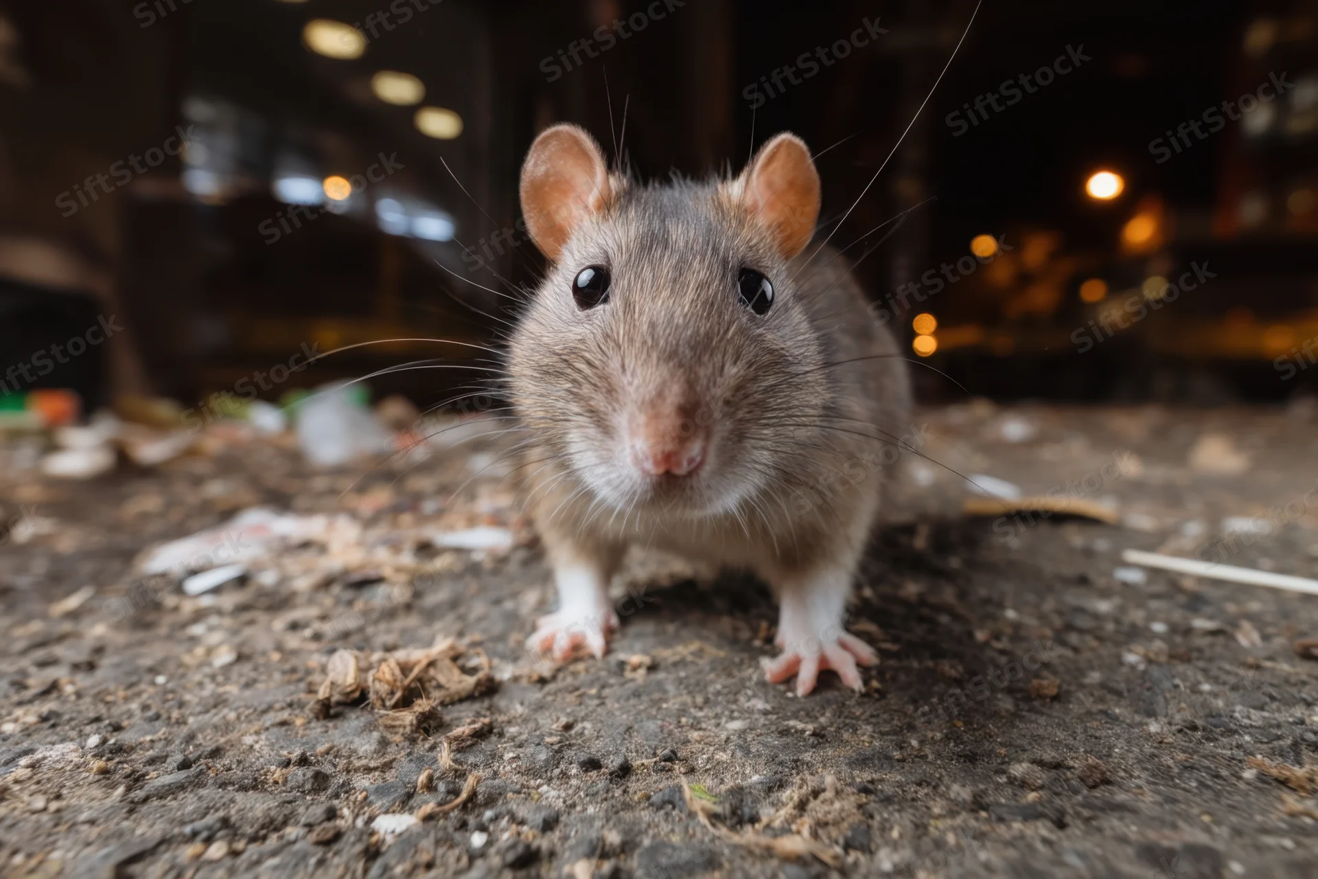 Rat standing on pavement at night in urban environment with trash and bokeh lights in background
