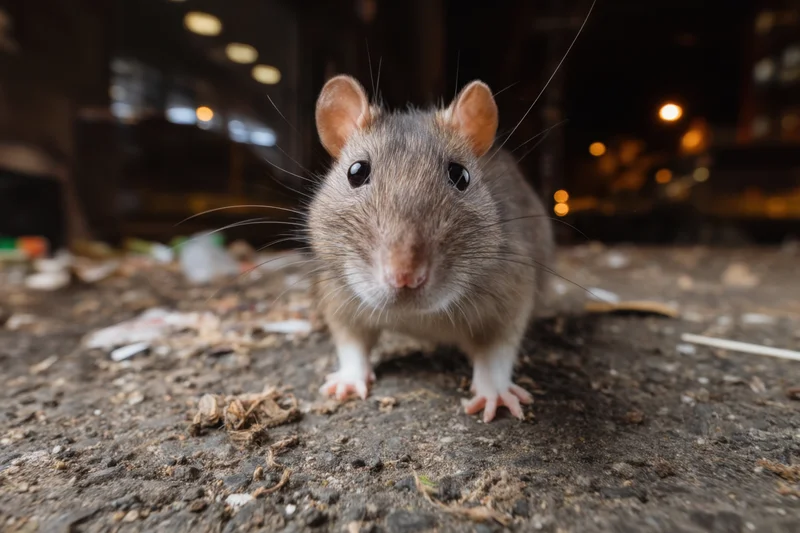Rat standing on pavement at night in urban environment with trash and bokeh lights in background