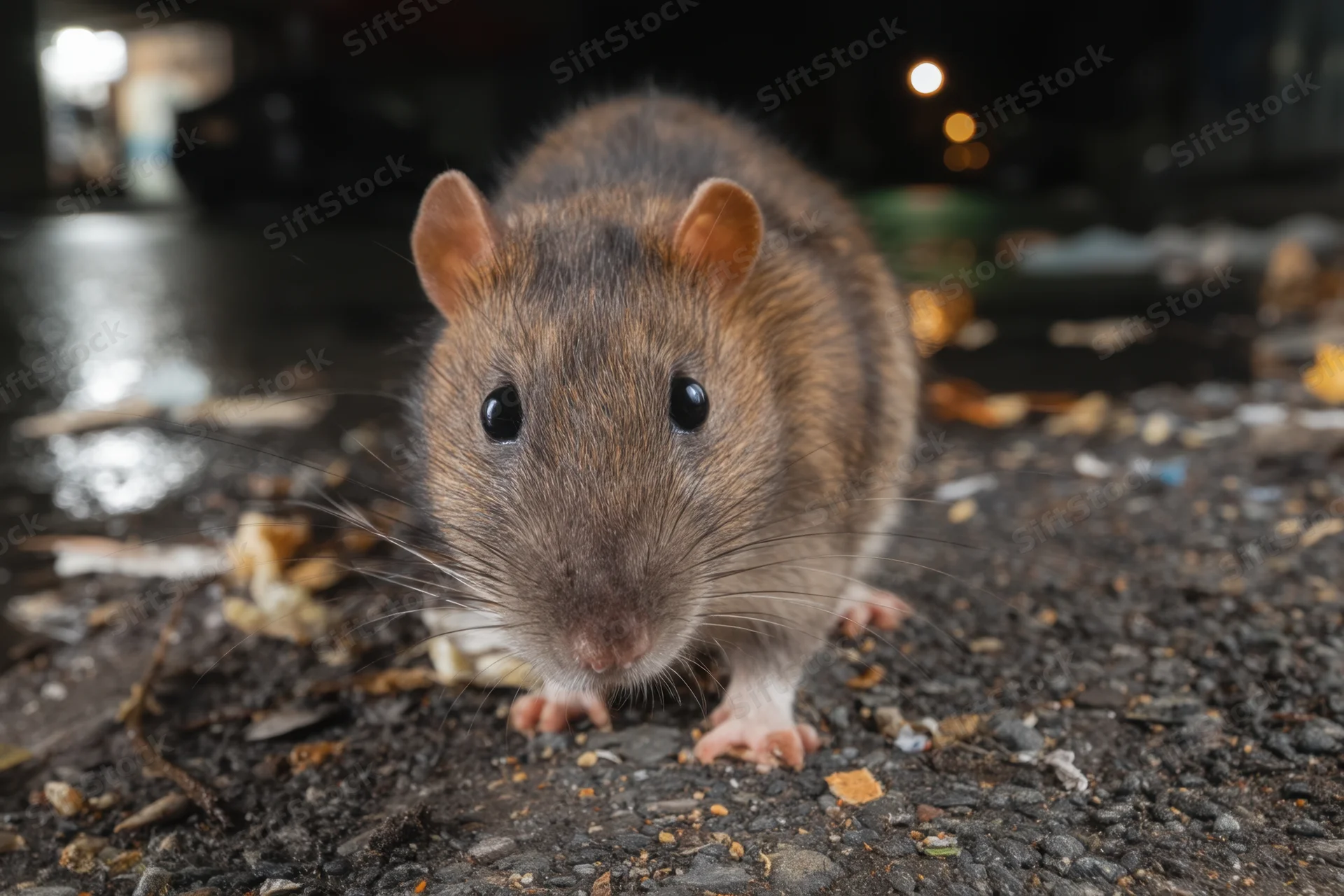 Rat standing on wet pavement at night with scattered debris and bokeh lights in background