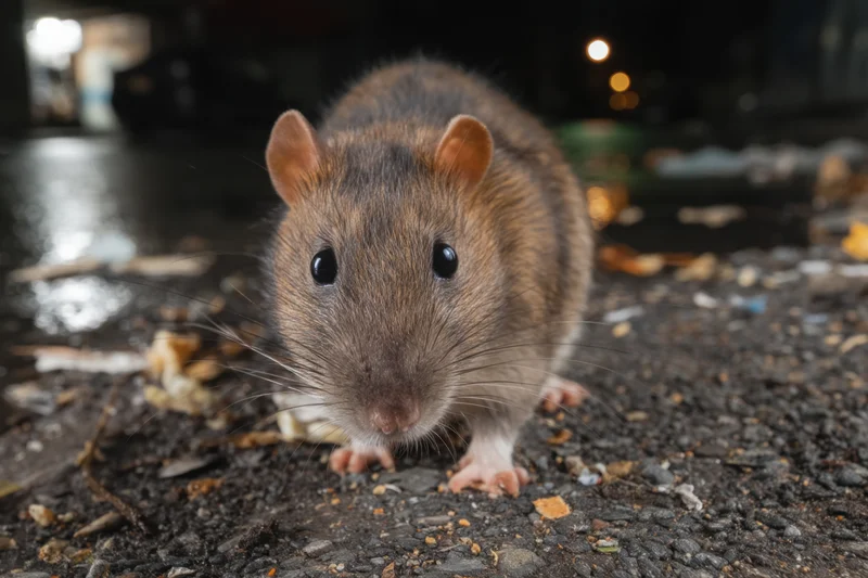 Rat standing on wet pavement at night with scattered debris and bokeh lights in background