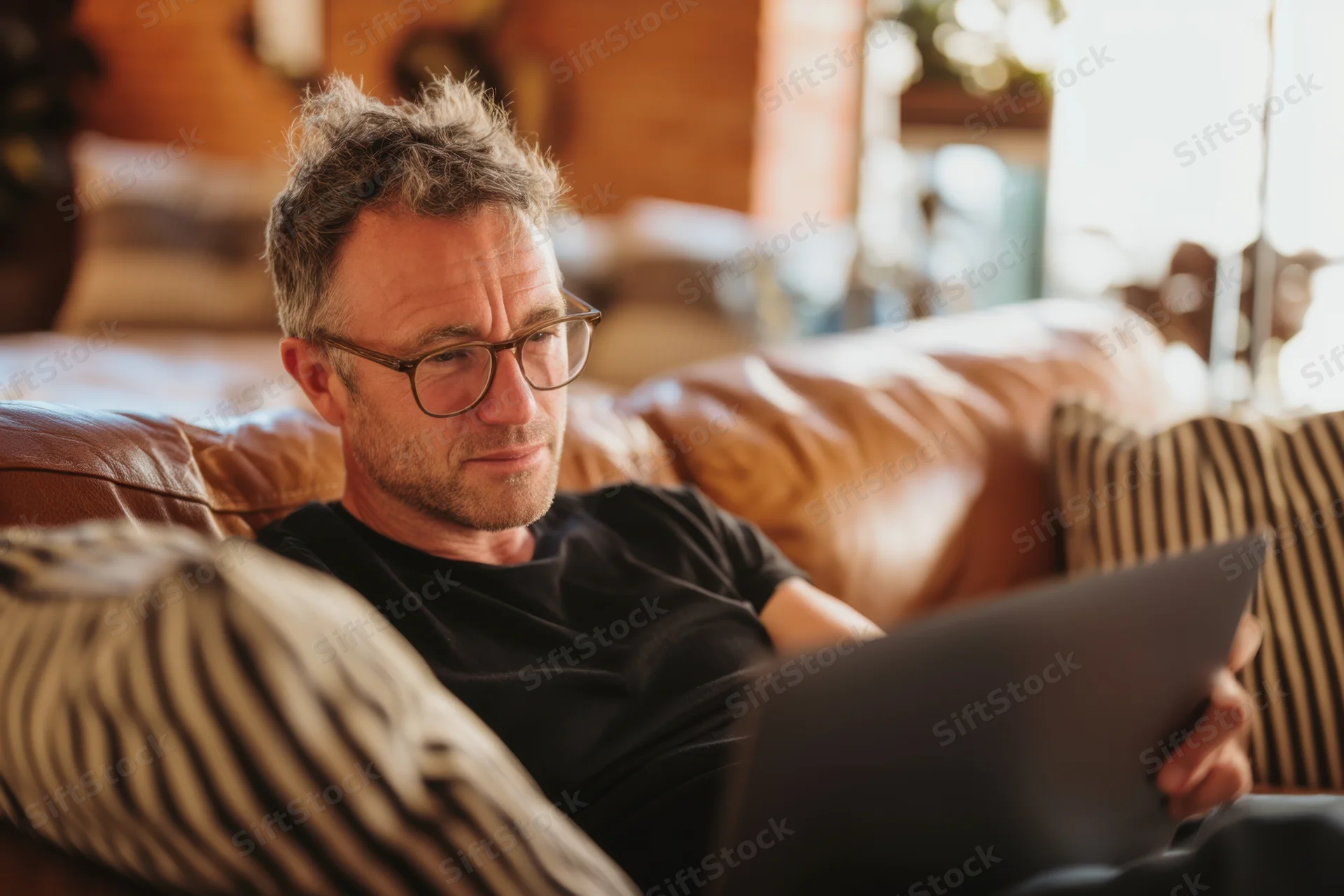 Man sitting relaxed on brown leather couch holding laptop and reading indoors