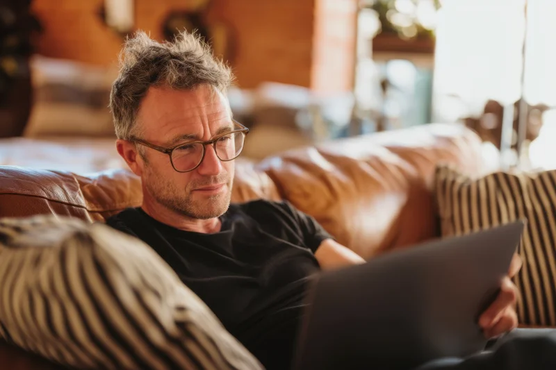 Man sitting relaxed on brown leather couch holding laptop and reading indoors