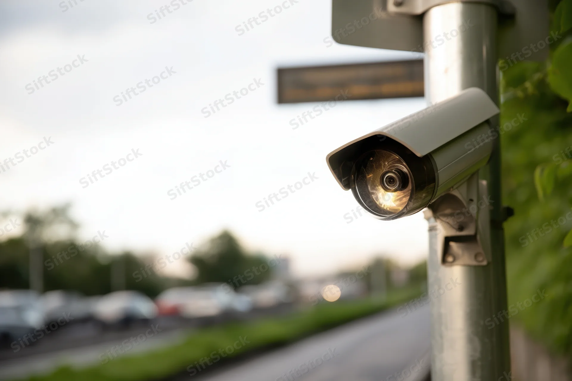 Surveillance camera mounted on a metal pole along a roadside with blurred vehicles and greenery in the background