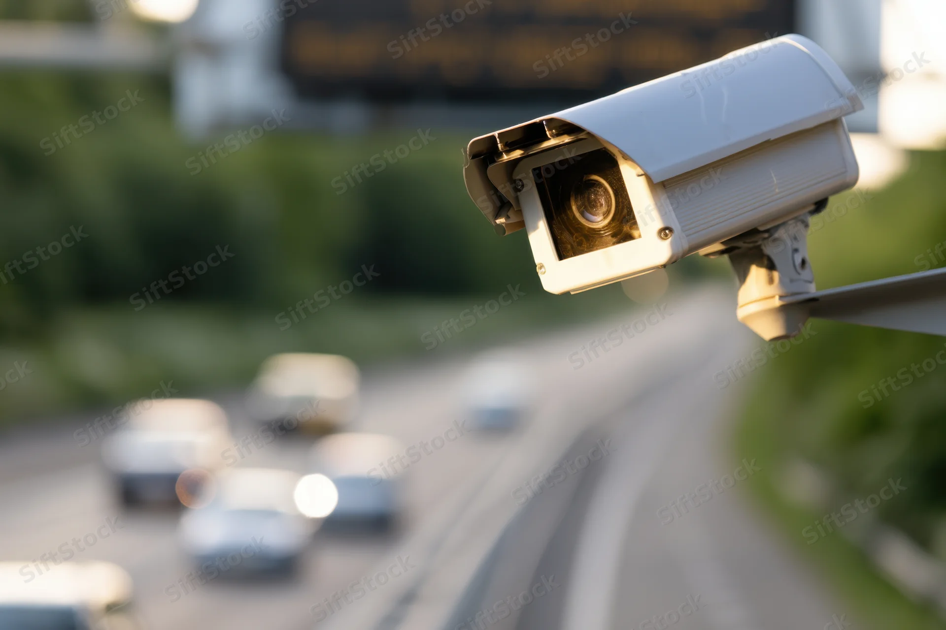 Surveillance camera mounted on pole overlooking highway traffic
