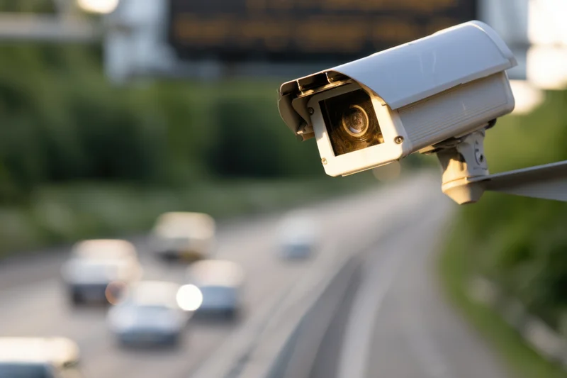 Surveillance camera mounted on pole overlooking highway traffic