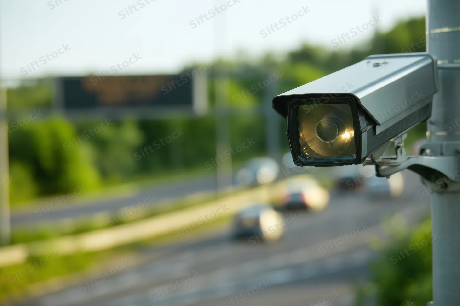Surveillance camera mounted on a pole overlooking a highway with moving vehicles in the background