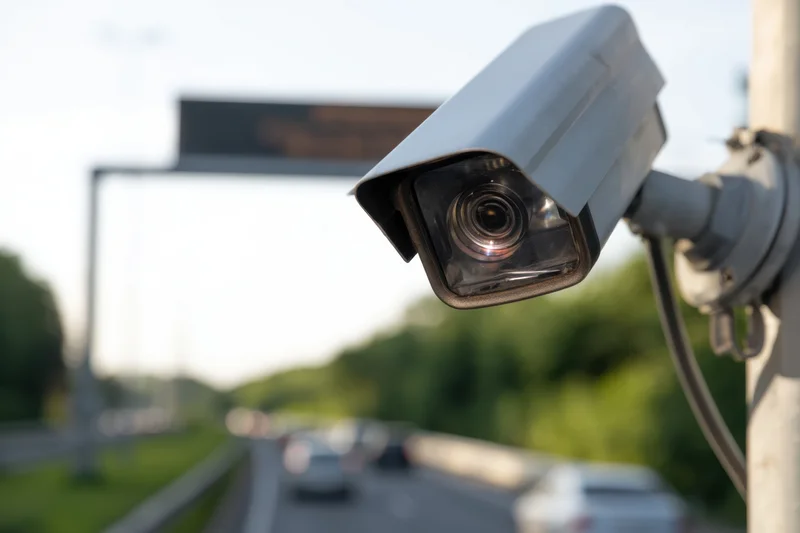Surveillance camera mounted on a pole overlooking a highway with moving vehicles