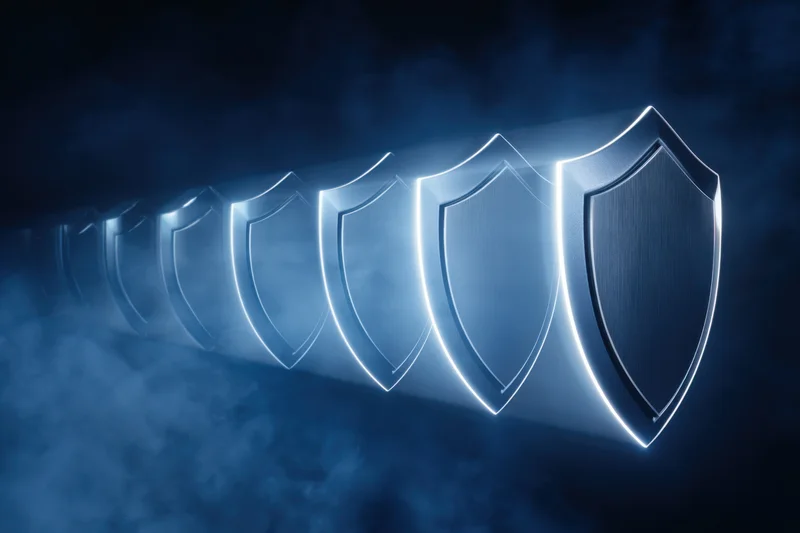 Of a series of metallic shields with a design and glowing edges