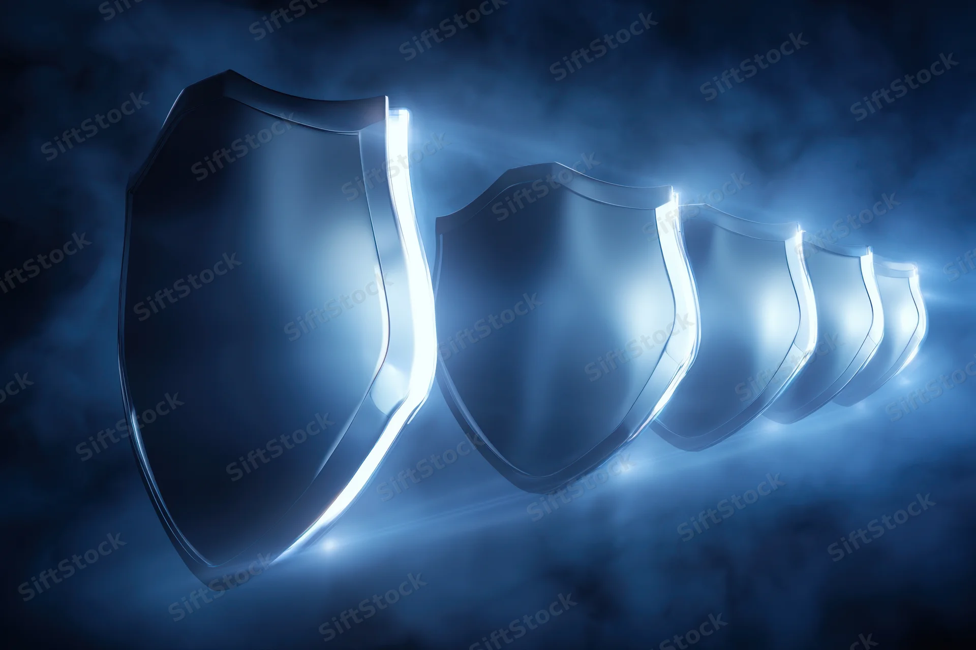 Row of metallic shields glowing with blue light in dark smoky background