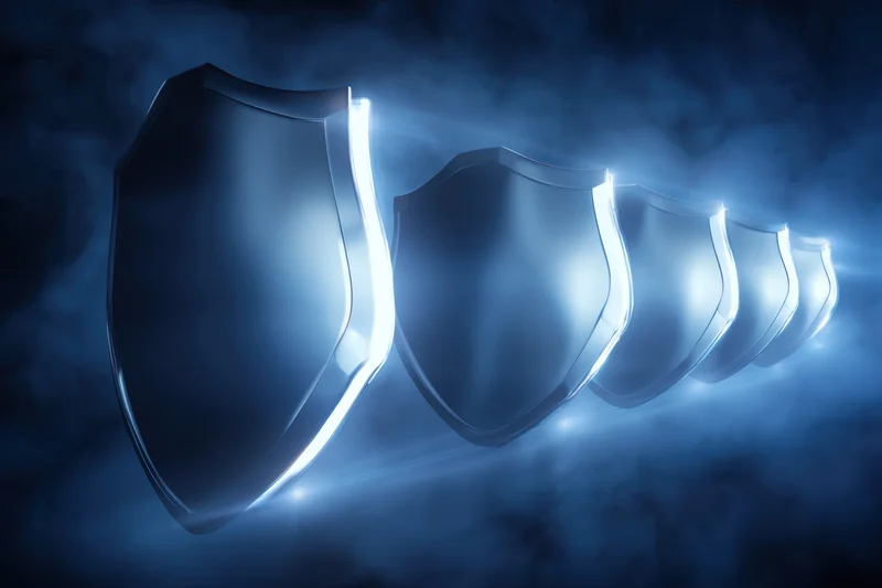 Row of metallic shields glowing with blue light in dark smoky background