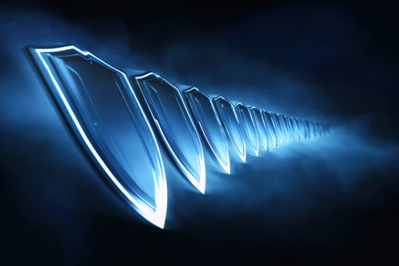 A row of glowing metallic shields receding into a dark blue tunnel