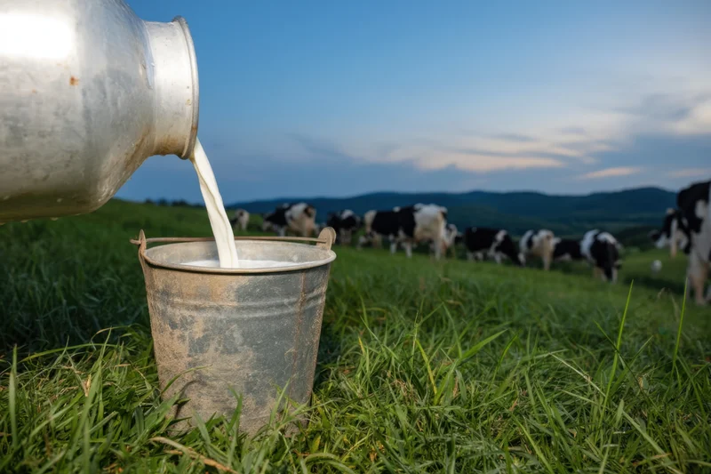 Milk being poured from a silver can into a weathered bucket in a grassy pasture with cows grazing in the background