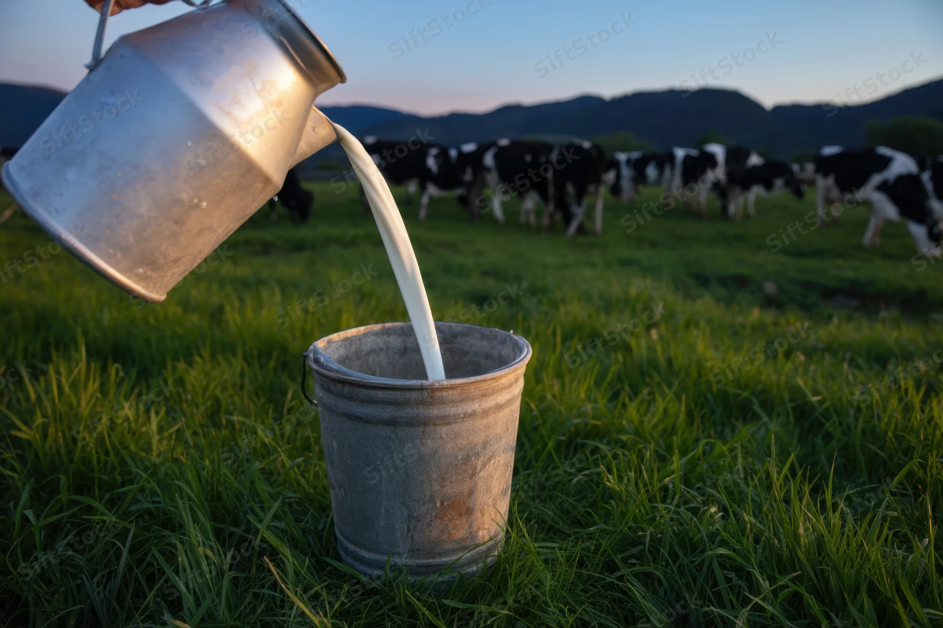 Milk being poured from a silver can into a weathered metal bucket in a grassy pasture with cows grazing in the background at sunset