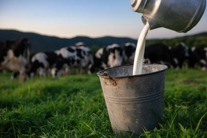 Milk pouring from a silver can into a weathered metal bucket in a grassy pasture with cows in the background