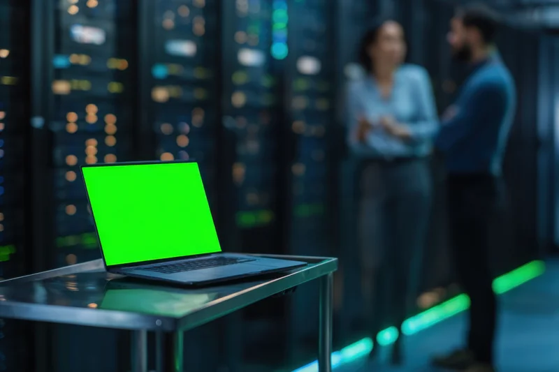 Laptop with green screen on metal table in server room with blurred people conversing in background