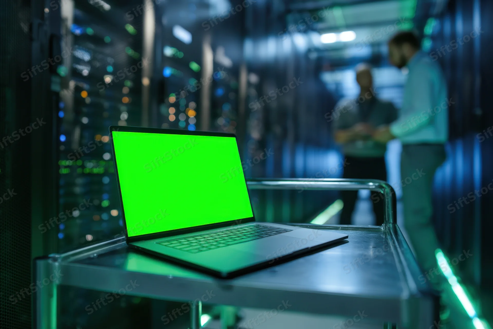 Laptop with green screen on metal cart in server room with two men conversing in background