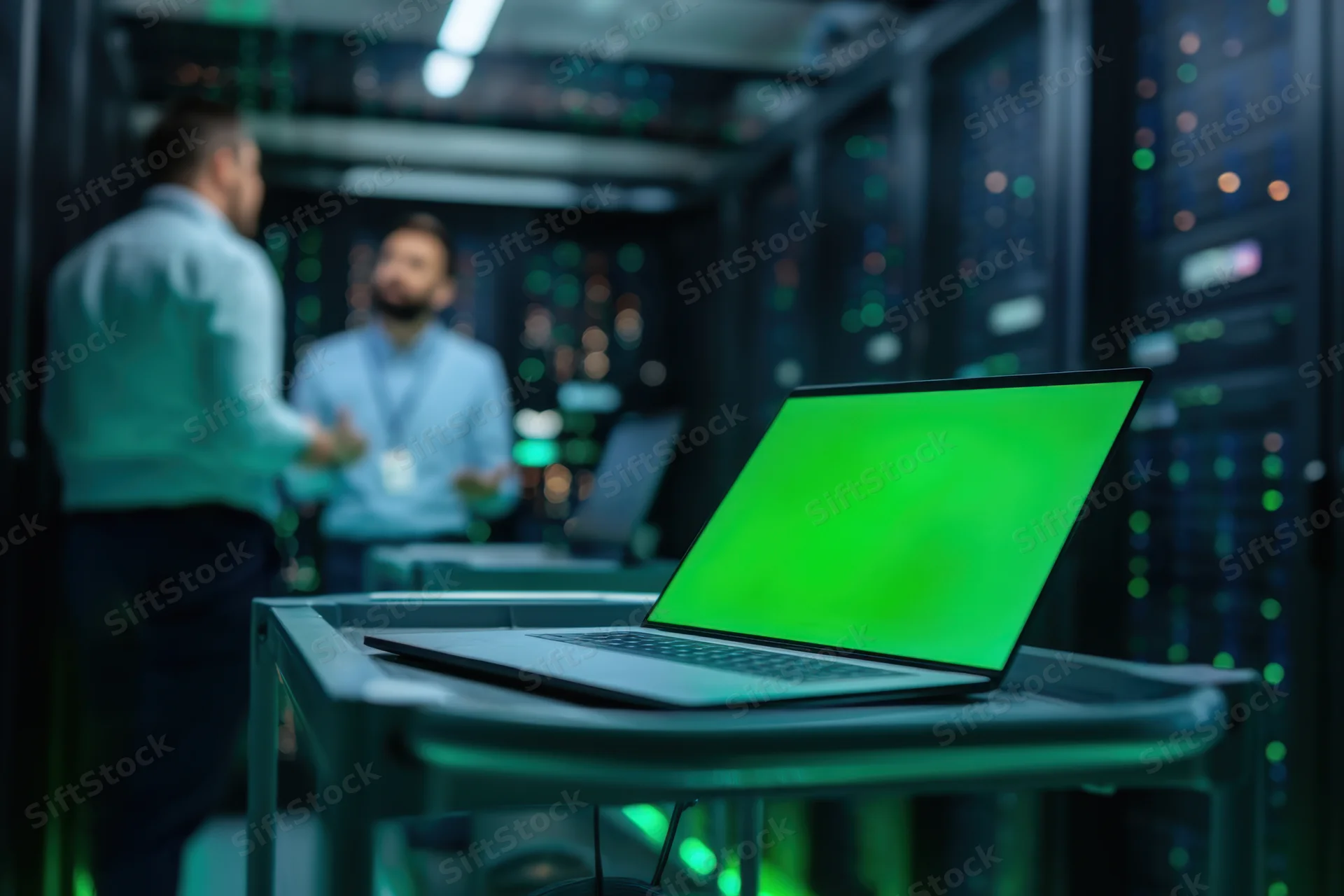Laptop with blank green screen on cart in server room with two men conversing in background