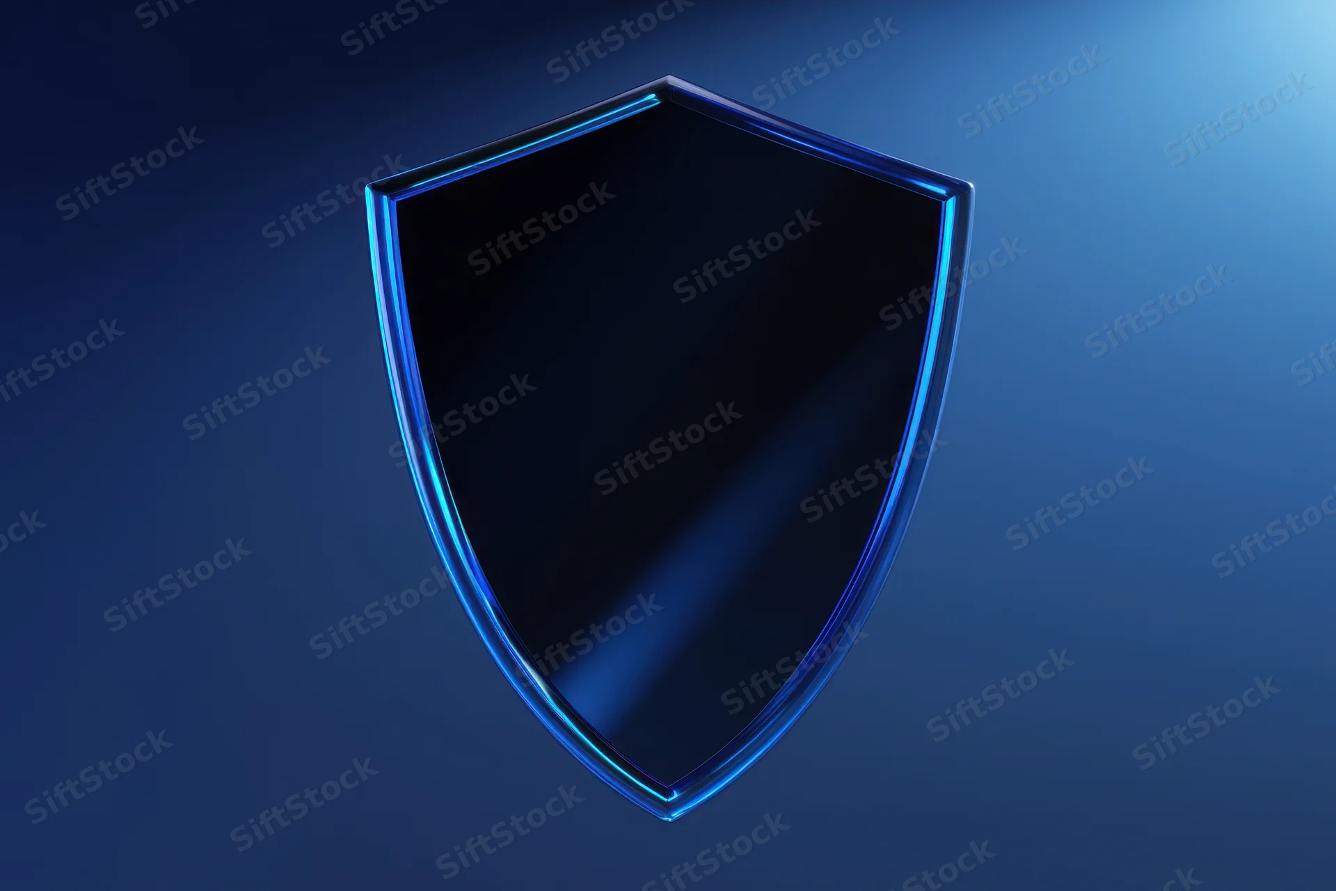 Sleek modern shield icon with reflective black surface and blue glowing outline against gradient blue background