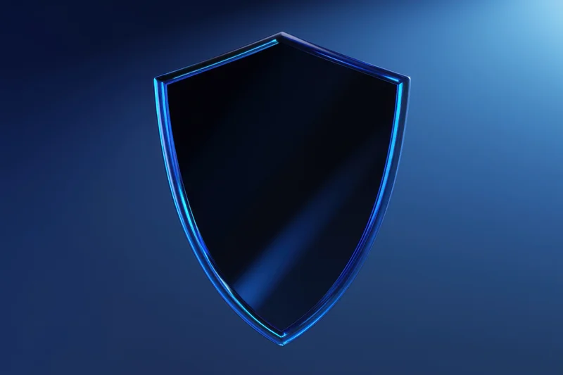 Sleek modern shield icon with reflective black surface and blue glowing outline against gradient blue background