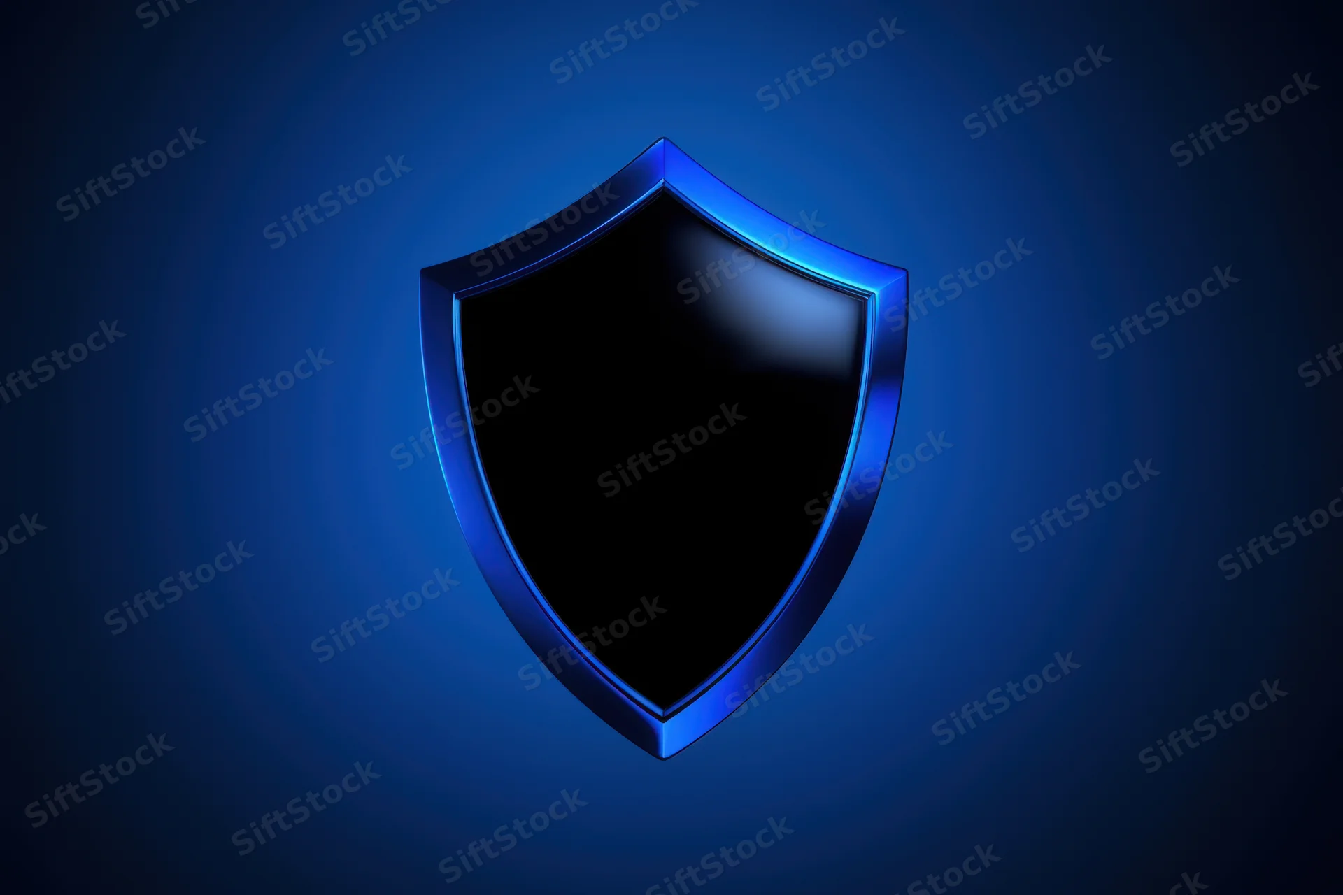 Sleek modern shield icon with reflective black surface on blue gradient background