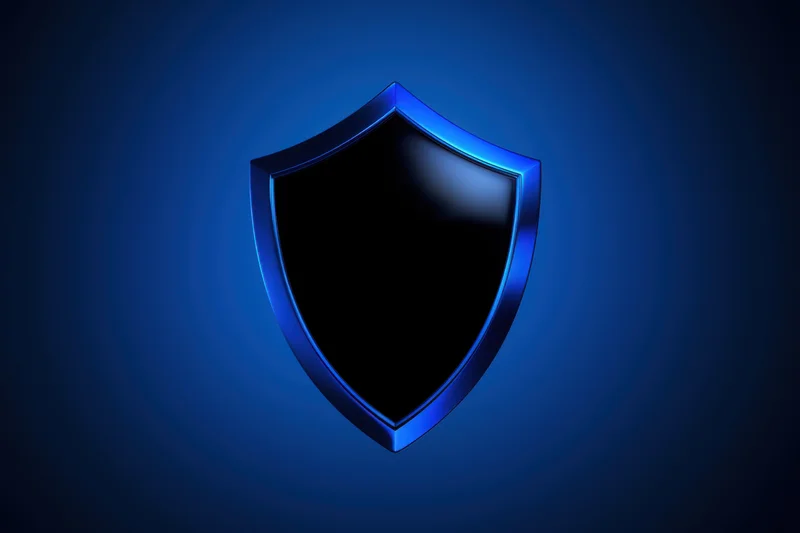Sleek modern shield icon with reflective black surface on blue gradient background