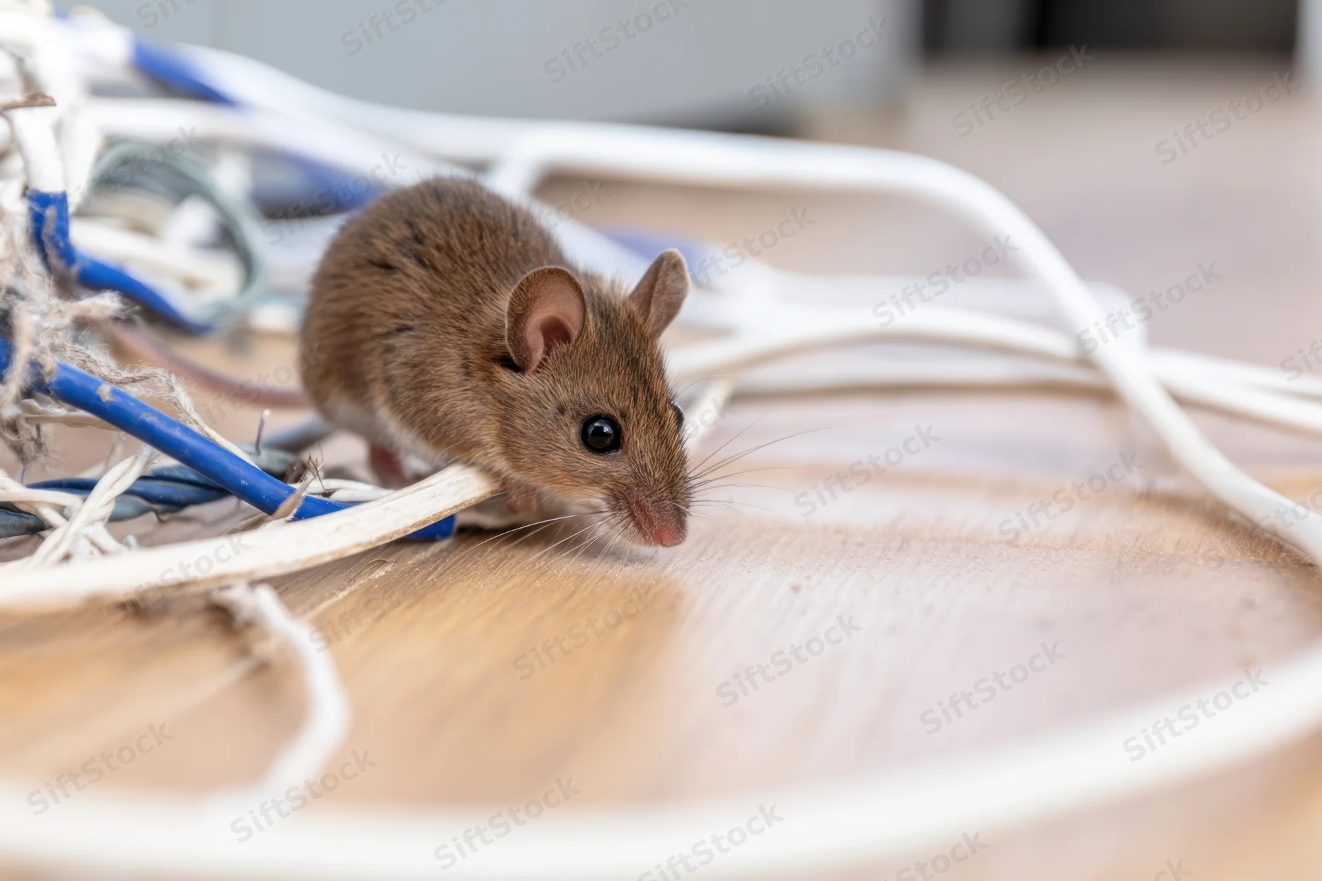 Small brown mouse exploring tangled electrical wires on wooden floor indoors
