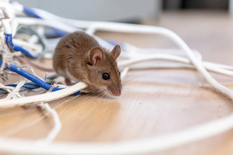 Small brown mouse exploring tangled electrical wires on wooden floor indoors