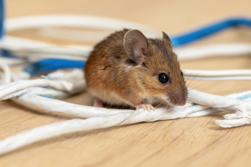 Small brown mouse exploring tangled electrical wires on wooden floor