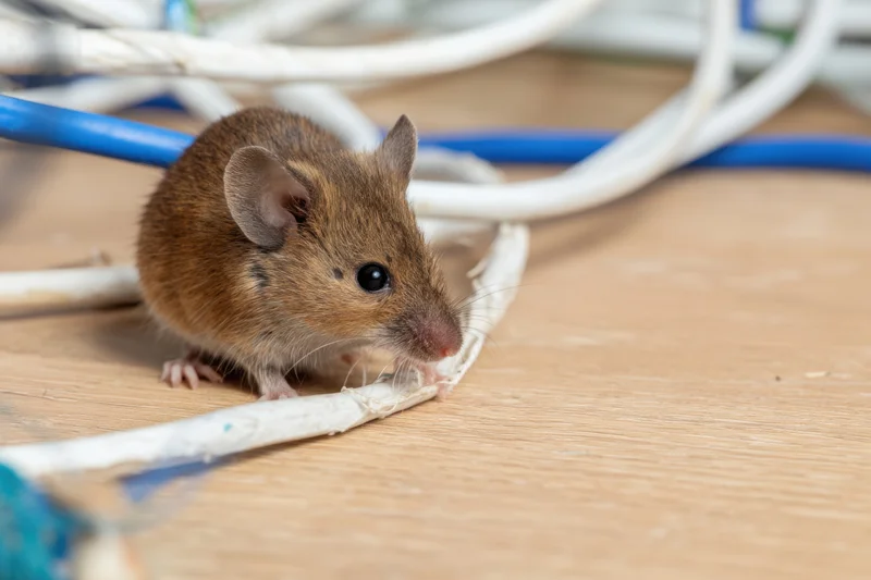 Small brown mouse chewing on electrical wires on wooden floor