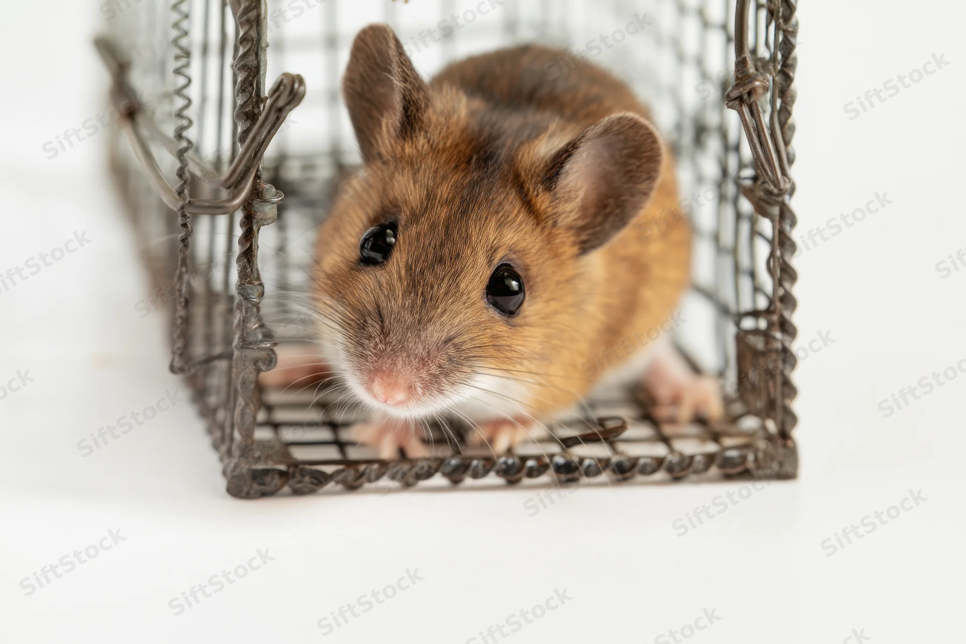 Small brown mouse inside vintage wire trap on white background