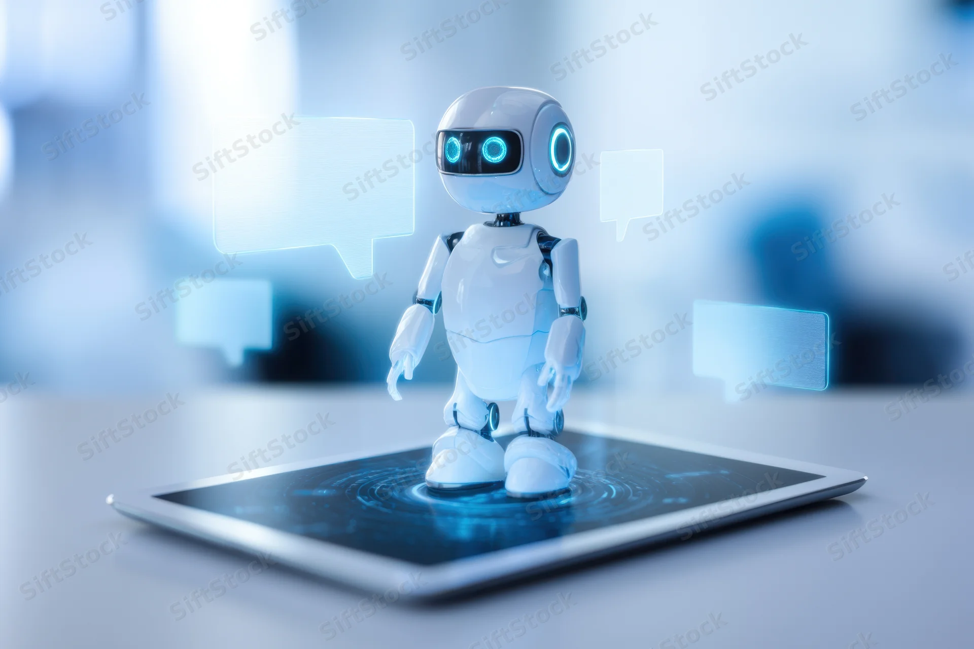 Small futuristic robot standing on tablet screen with glowing eyes and speech bubbles floating around