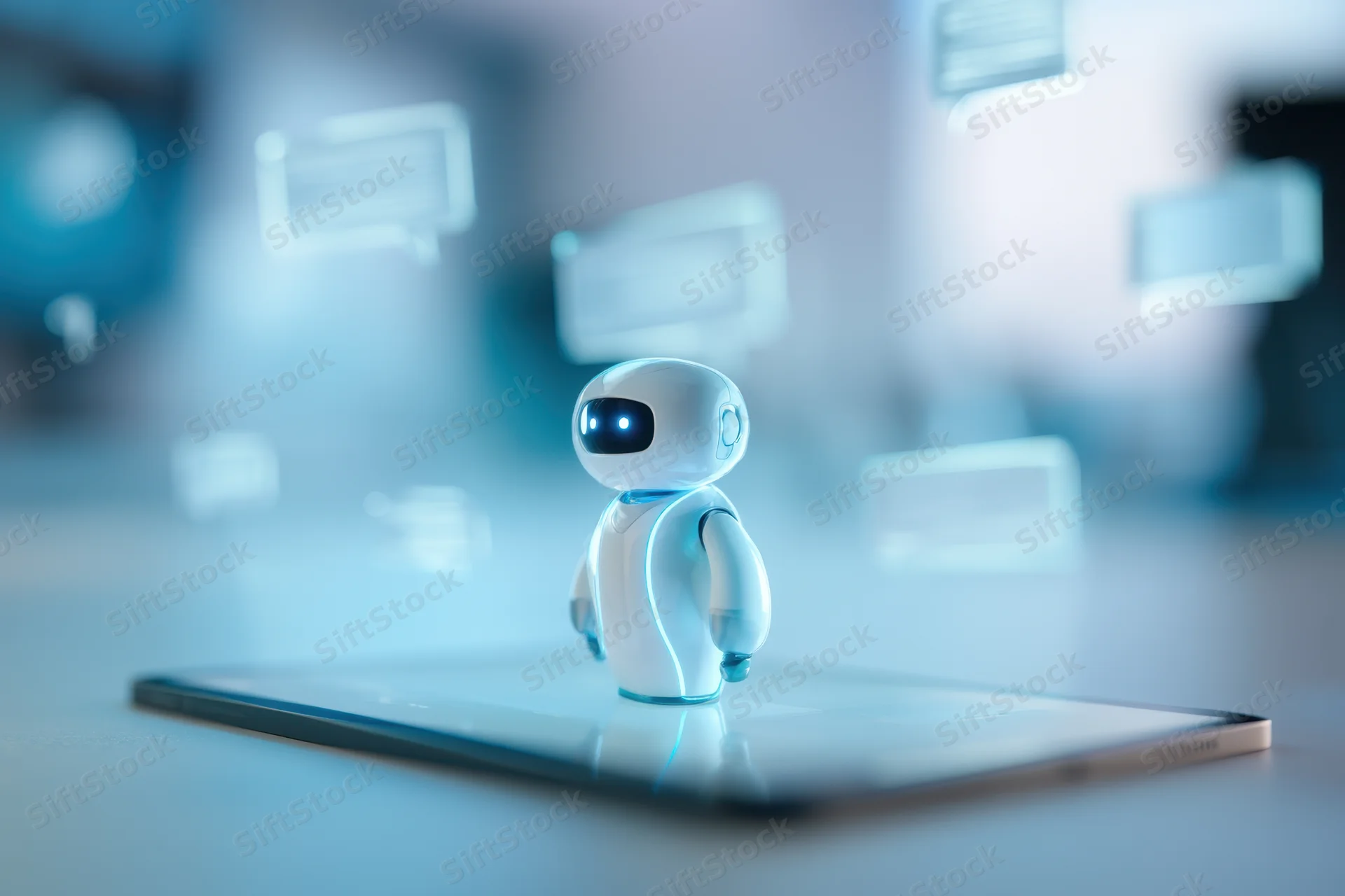 Small futuristic robot standing on tablet screen with floating message bubbles around it