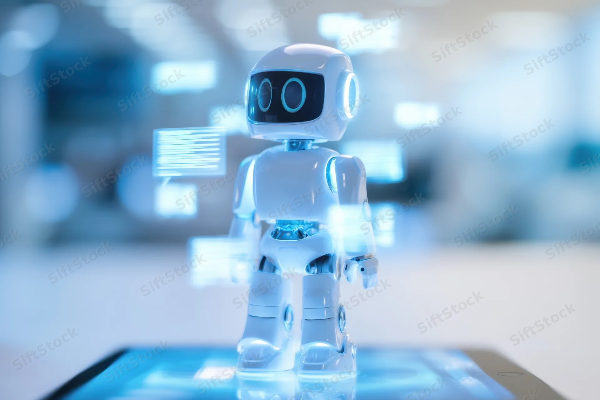Small futuristic robot standing on tablet screen with glowing interface elements